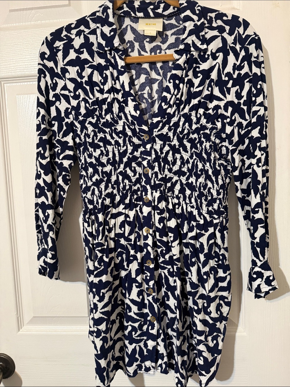 Maeve Navy and White Smocked Button-Front Top